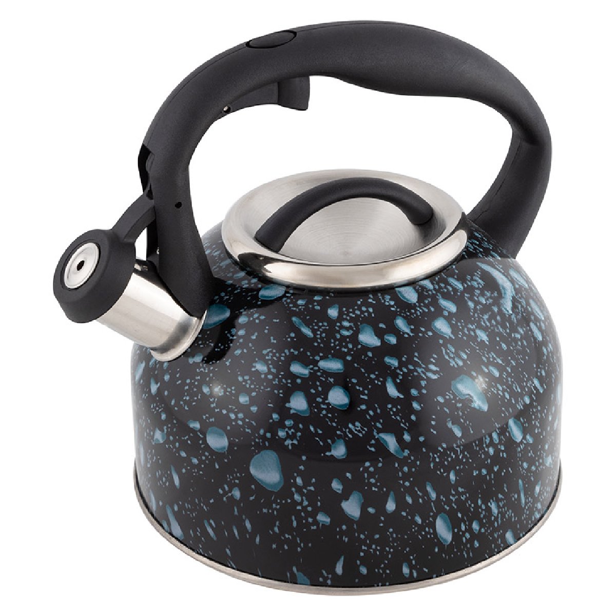 Чайник из нержавеющей стали LACRIMA, 2,5 л, со свистком, окрашенный (черный с синими каплями) (003979)