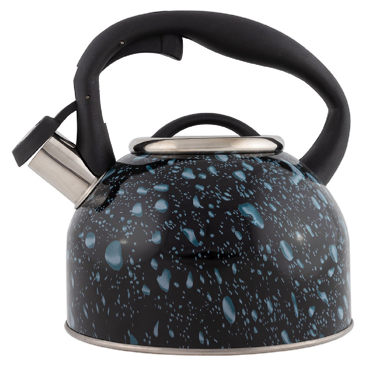 Чайник из нержавеющей стали LACRIMA, 2,5 л, со свистком, окрашенный (черный с синими каплями) (003979)