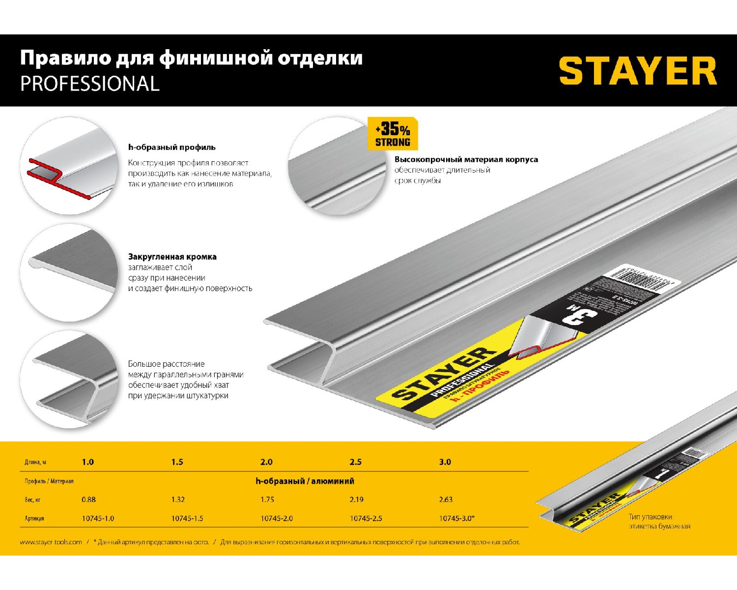 Правило штукатурное, 2 м, STAYER Professional (10745-2.0)