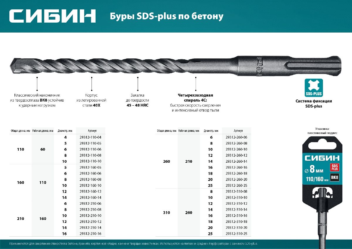 СИБИН Бур SDS-plus 12 х 210 мм, (29312-210-12)