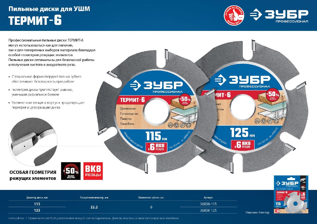 ЗУБР Термит-6 115х22,2мм, 6 резцов, диск пильный по дереву для УШМ, усиленный, , Серия Профессионал (36858-115)
