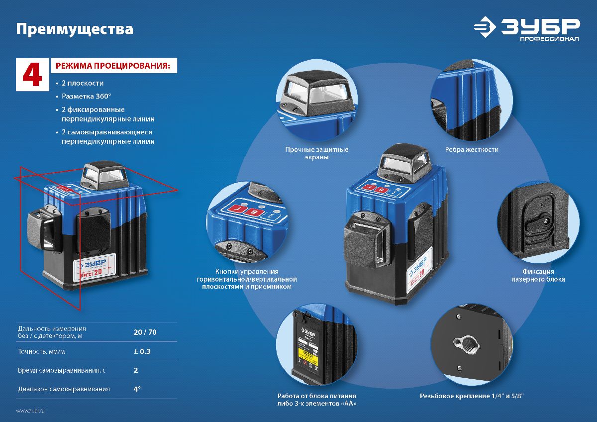 Лазерный нивелир ЗУБР КРЕСТ 2D 20-70 м (34907)
