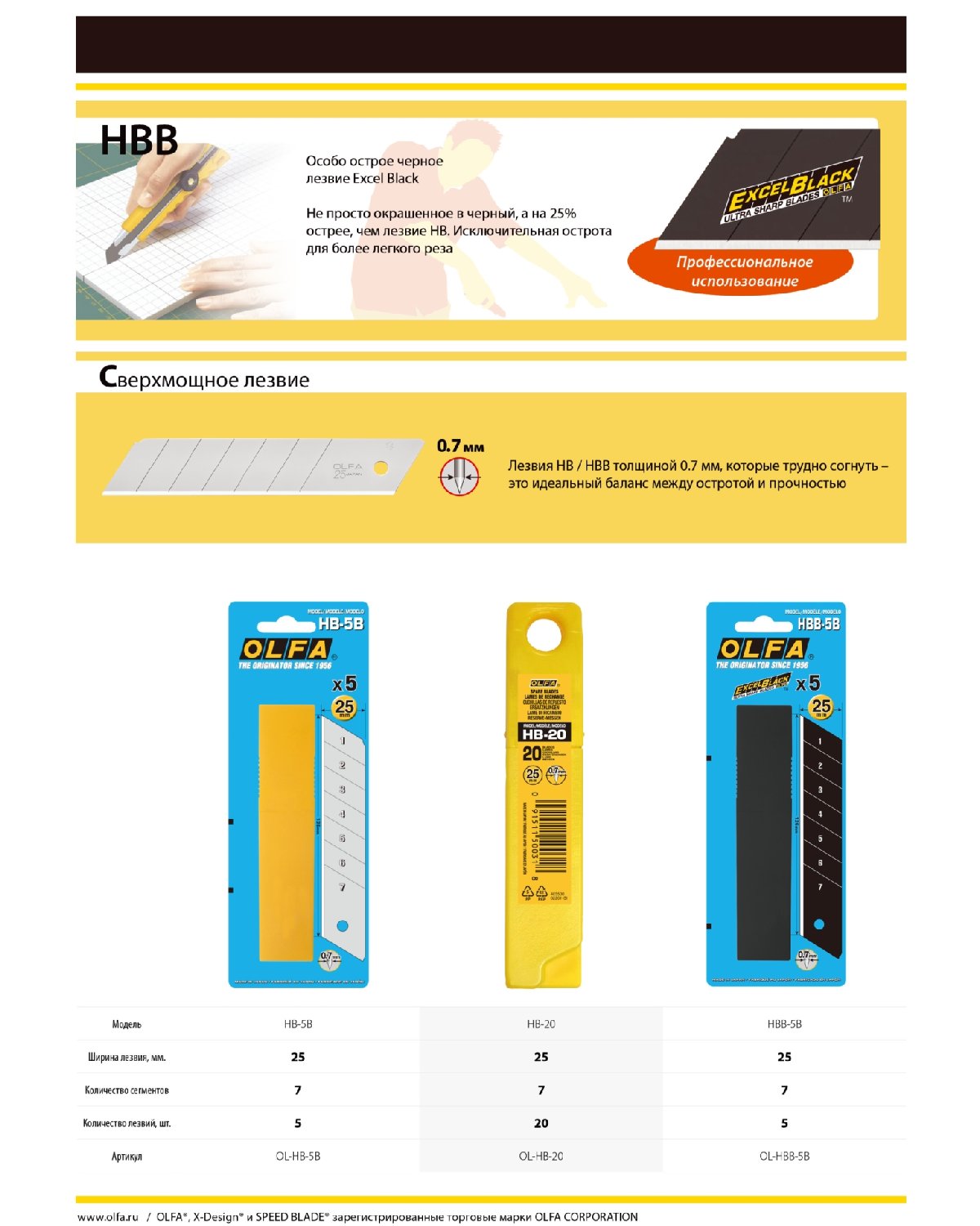 Сегментированные лезвия OLFA 25х126х0.7 мм 5 шт. (OL-HB-5B)