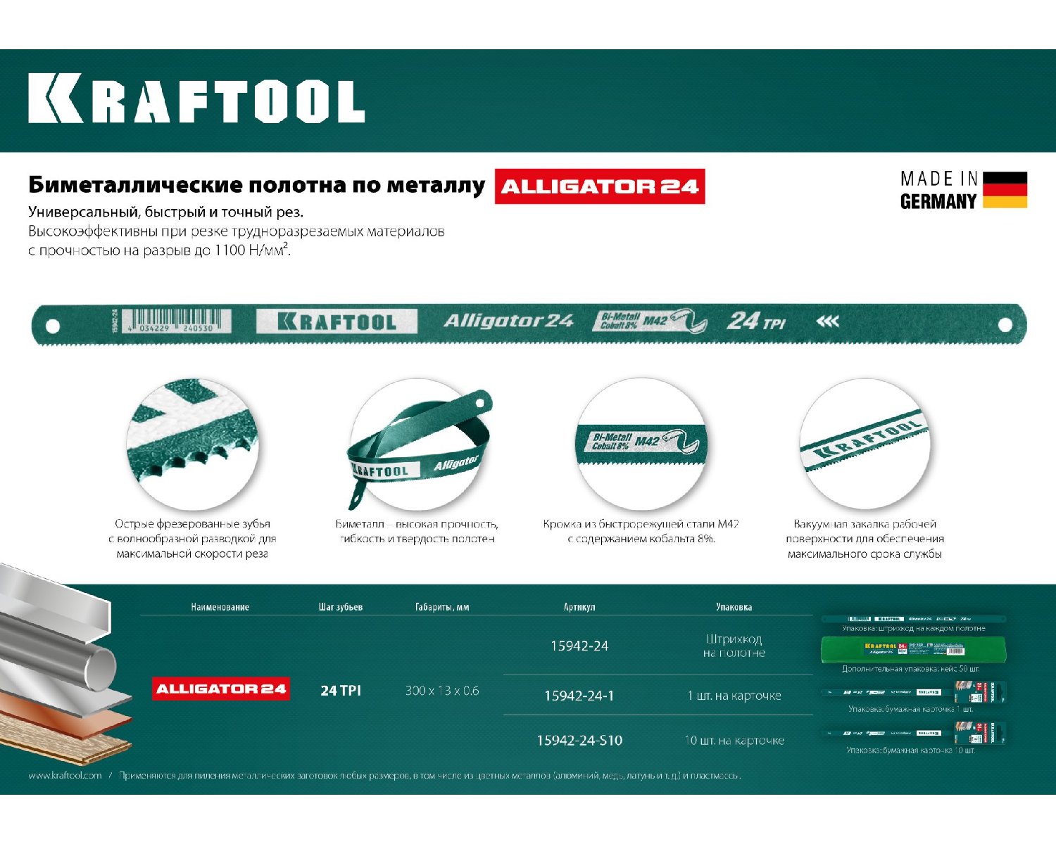 Полотно по металлу KRAFTOOL Alligator-24 300 мм 10 шт. (15942-24-S10)