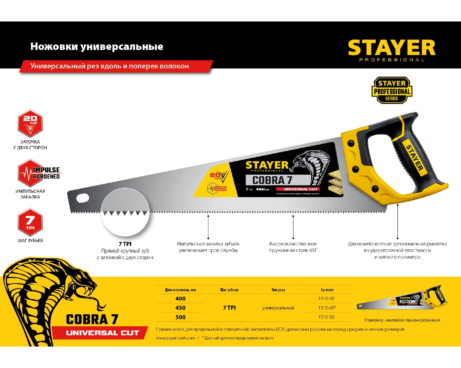 Универсальная ножовка STAYER Cobra 7 400 мм (1510-40_z02)