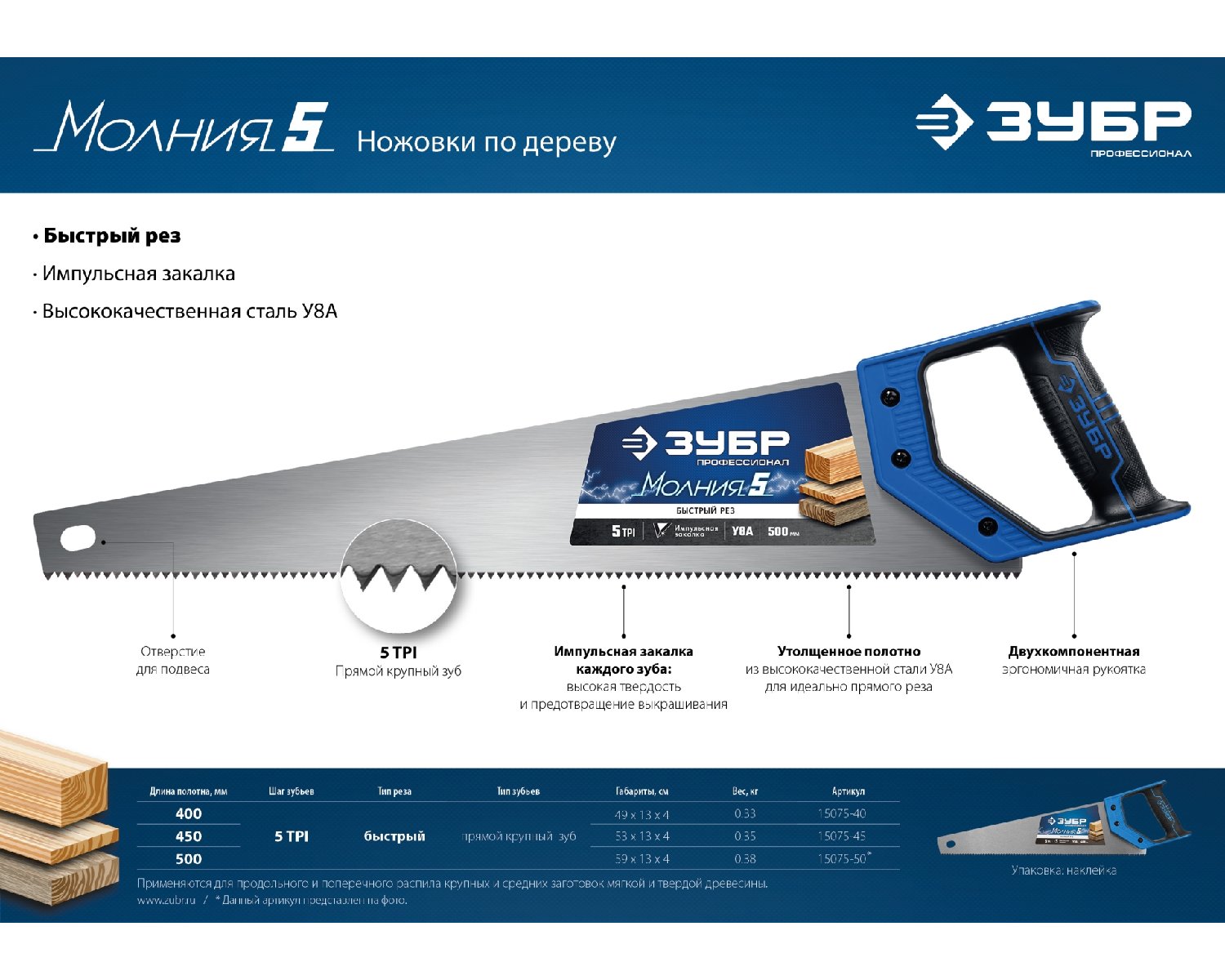 Ножовка по дереву ЗУБР Молния-5 500 мм 5TPI (15075-50_z02)