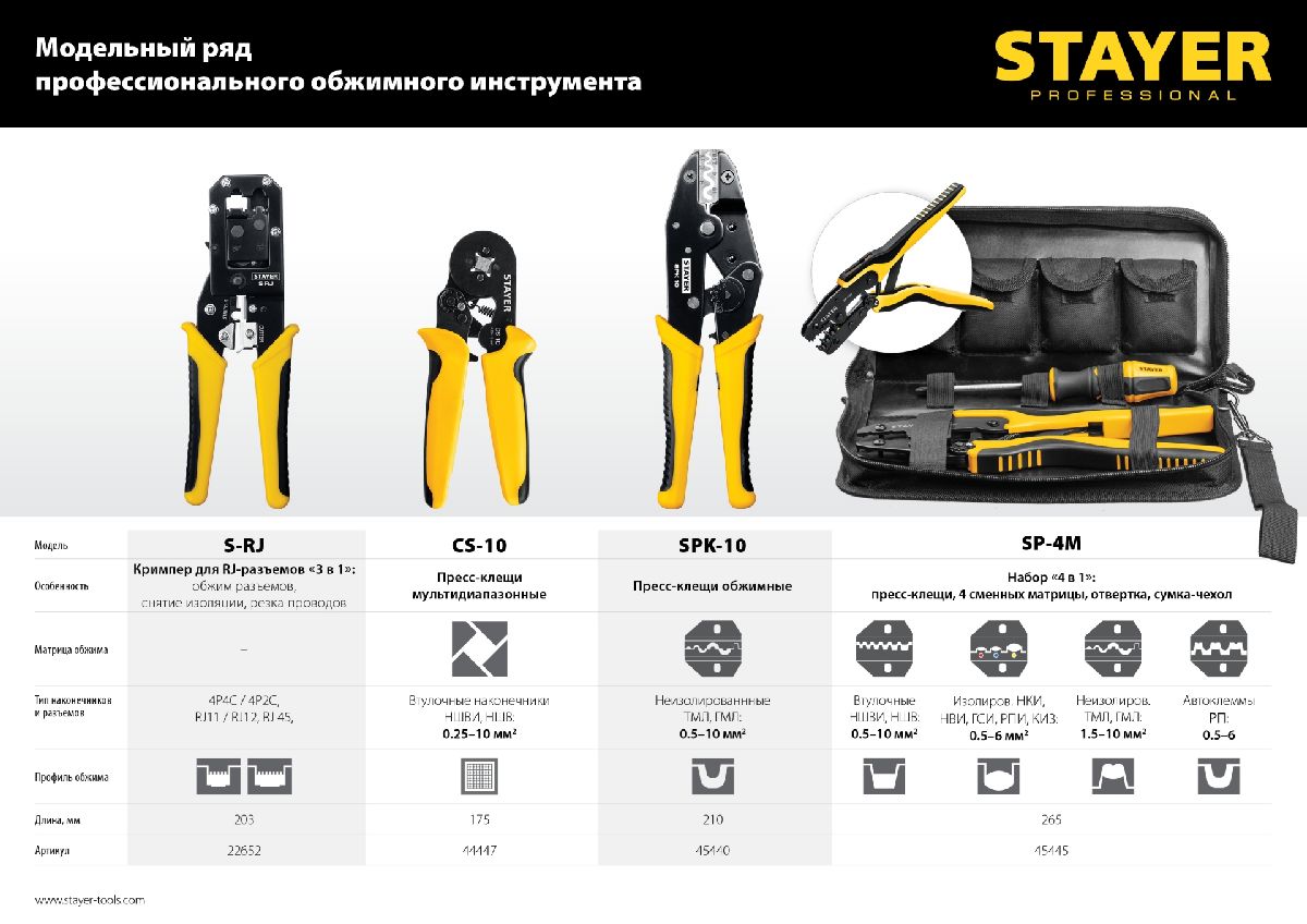 Пресс-клещи для медных наконечников STAYER SPK-10 0.5-10 мм2 (45440)