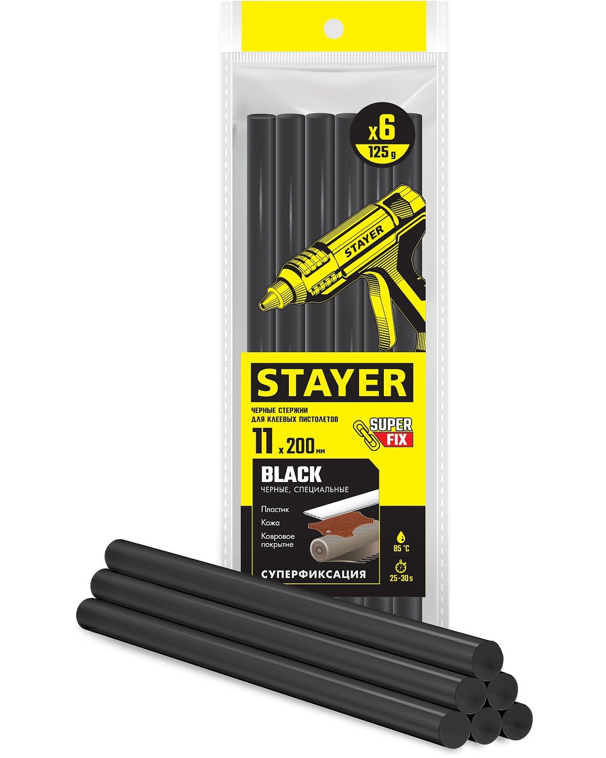 Клеевые стержни STAYER Black черные 11х200 мм 6 шт. (2-06821-D-S06)