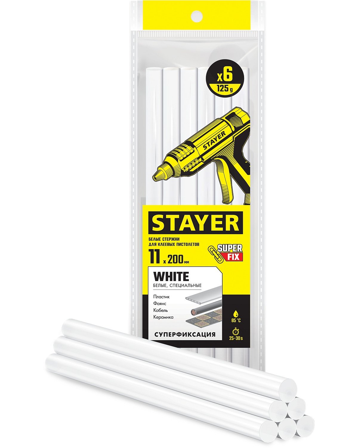 Клеевые стержни STAYER White белые 11х200 мм 6 шт. (2-06821-W-S06)