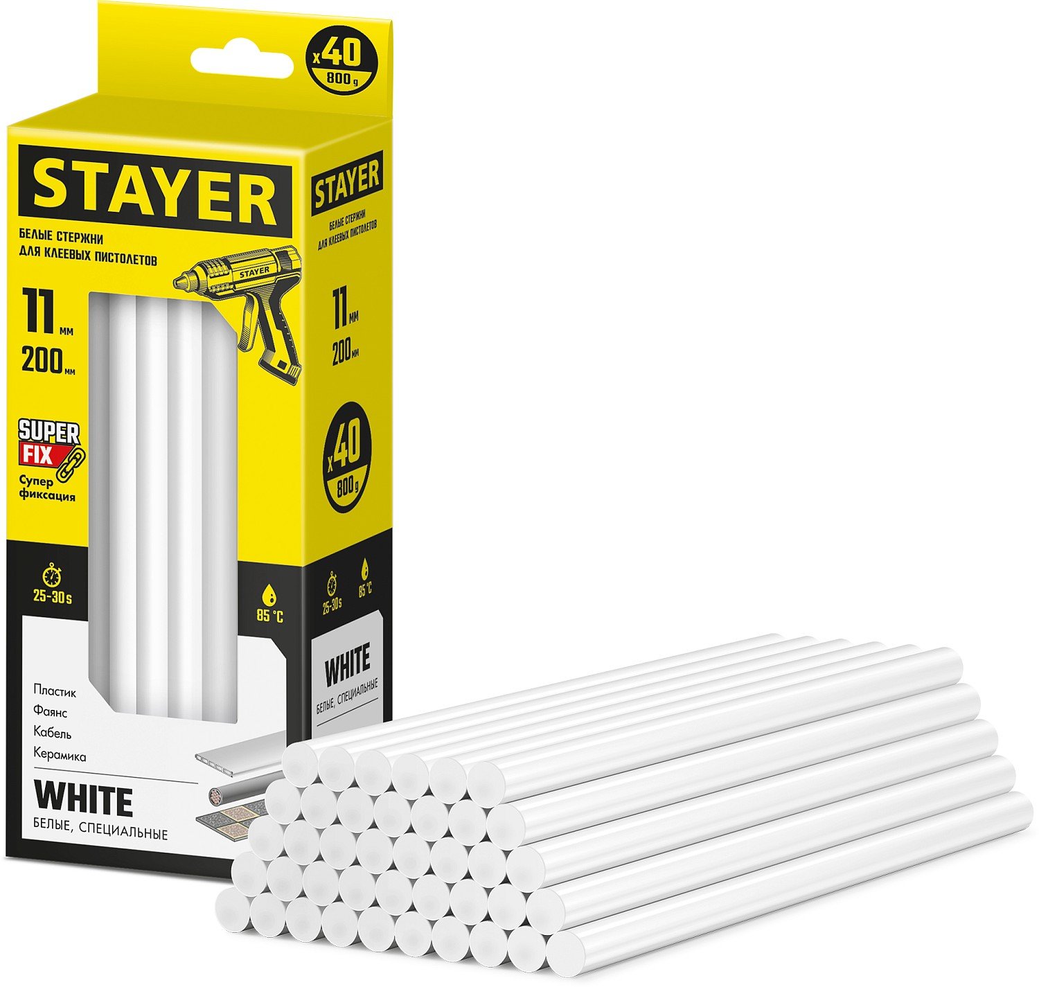 Клеевые стержни STAYER White белые 11х200 мм 40 шт. (2-06821-W-S40)