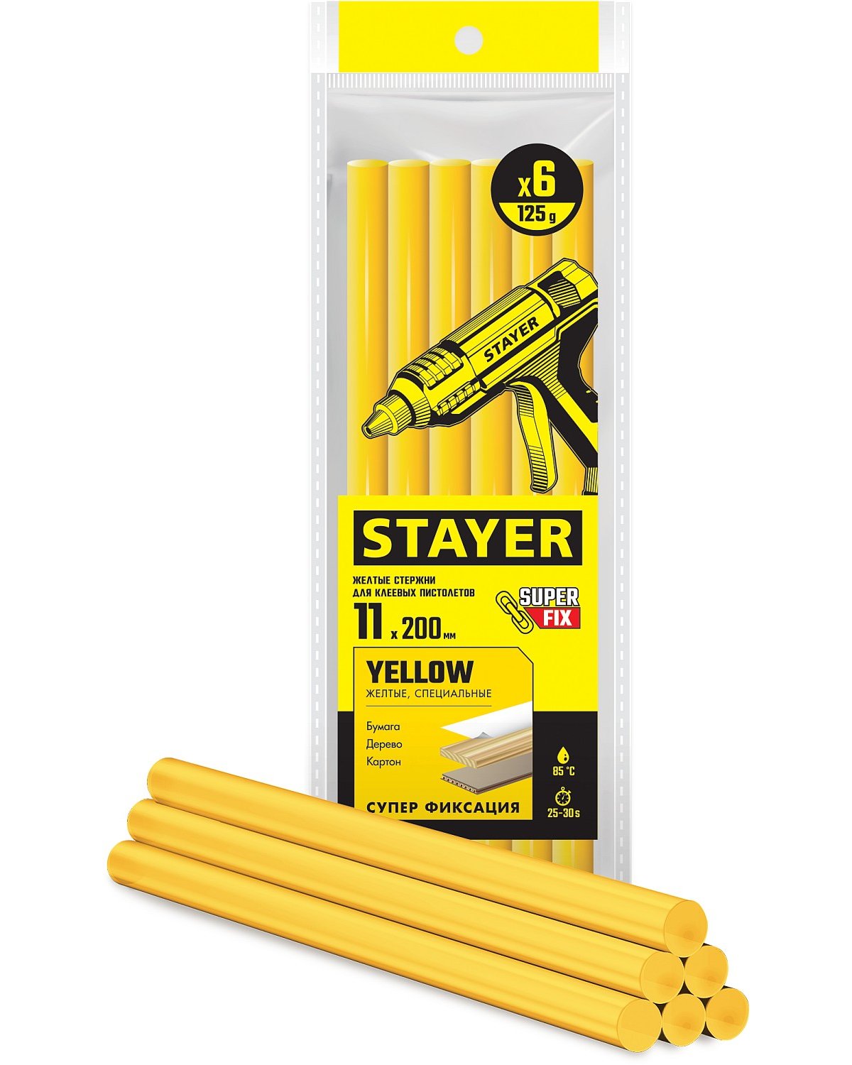 Клеевые стержни STAYER Yellow желтые 11х200 мм 6 шт. 2-06821-D-S06 (2-06821-Y-S06)
