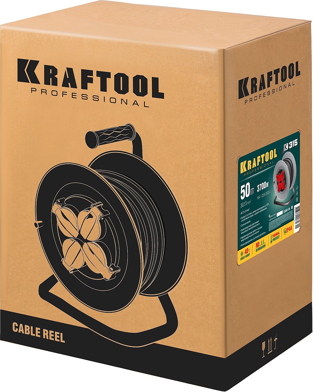 Удлинитель на катушке KRAFTOOL КГ-315 50 м 3700Вт 4 гнезда IP44 КГ 3х1.5 мм (55085-50_z01)