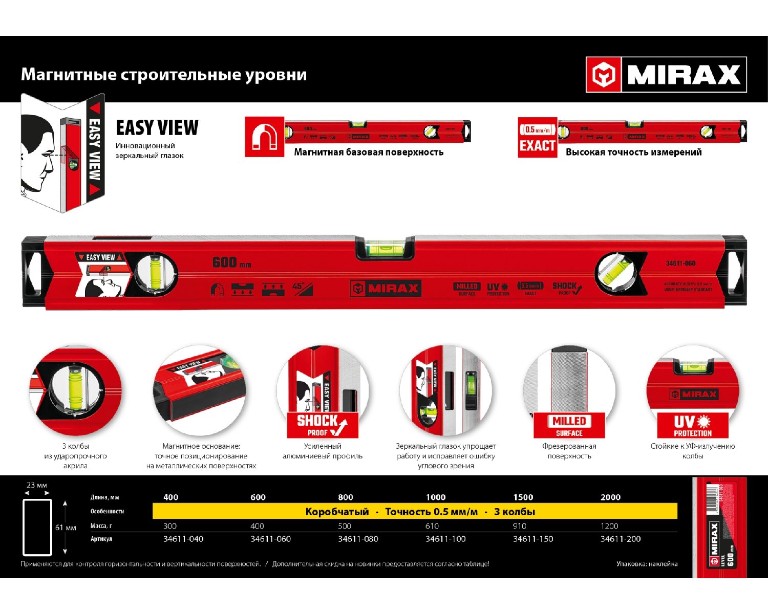 Магнитный строительный уровень MIRAX 400 мм (34611-040)