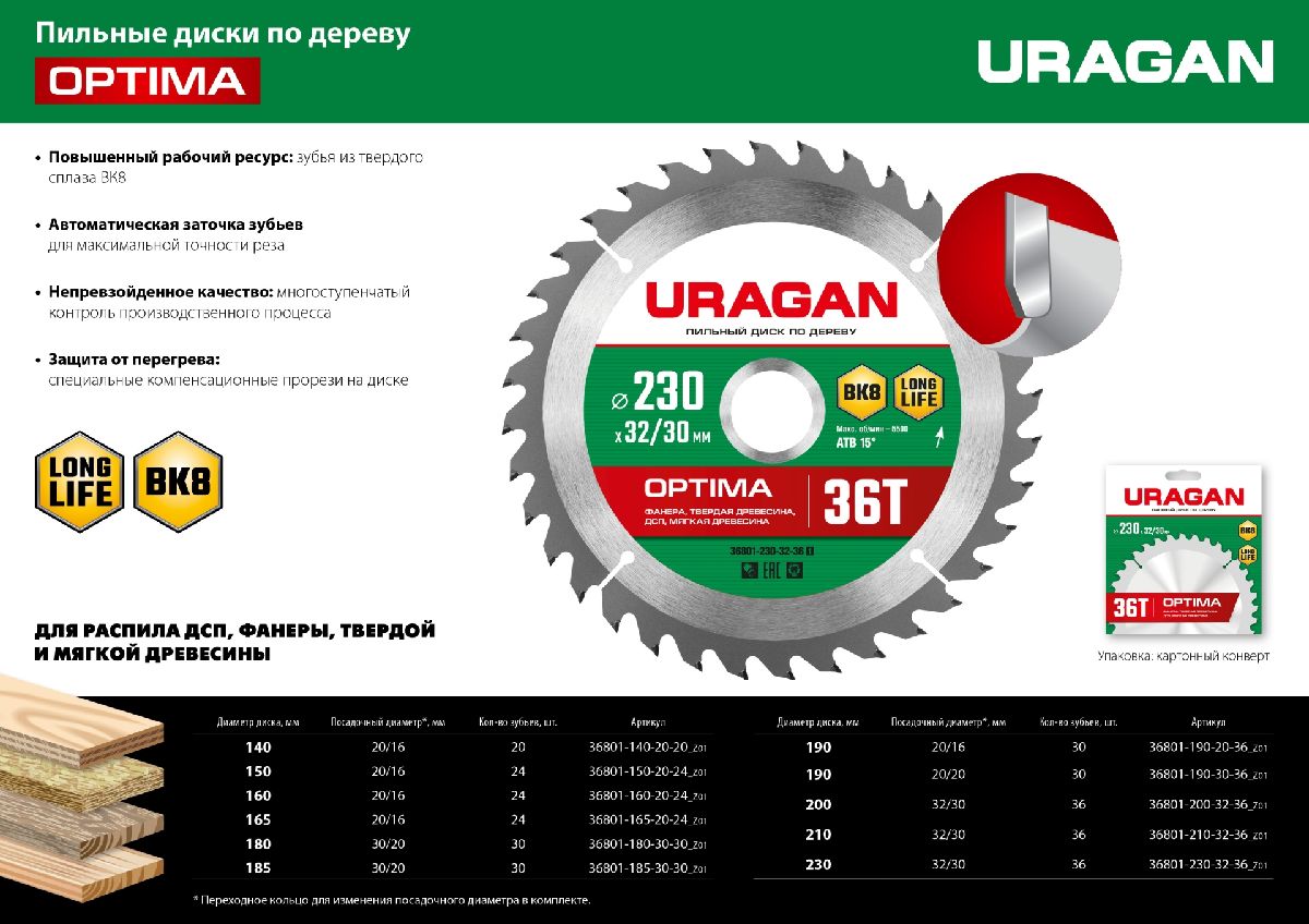 URAGAN Optima 185х30 20мм 30Т, диск пильный по дереву, (36801-185-30-30_z01)