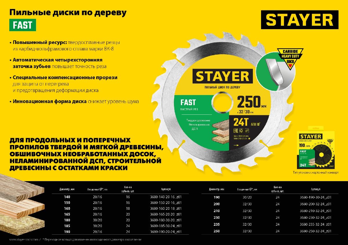 STAYER FAST 230 x 32 30мм 24Т, диск пильный по дереву, быстрый рез, (3680-230-32-24_z01)