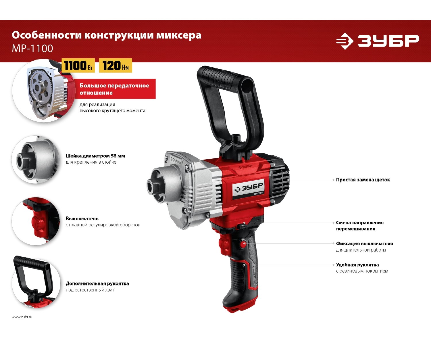 Строительный миксер ЗУБР 1100 Вт М14 патрон (МР-1100)