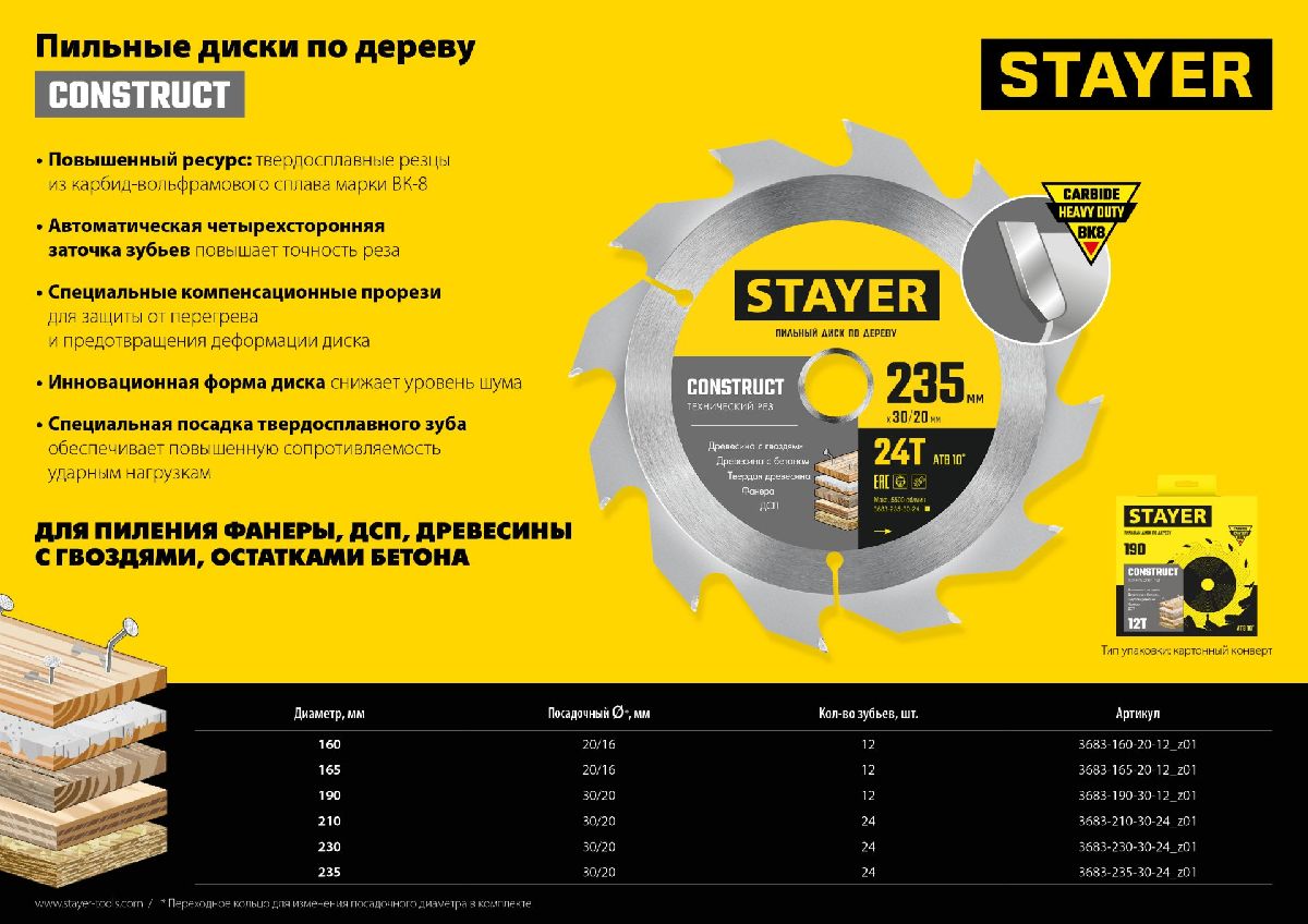 STAYER CONSTRUCT 160 x 20 16мм 12Т, диск пильный по дереву, технический рез, (3683-160-20-12_z01)