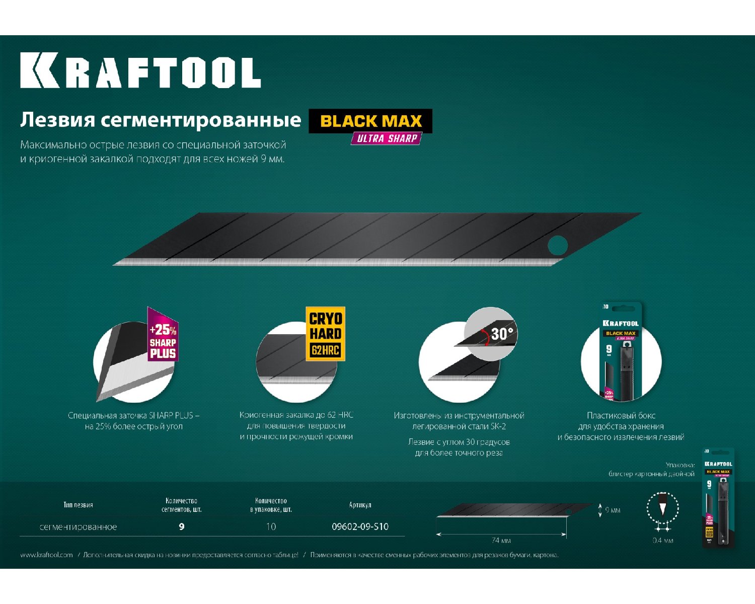 Сегментированные лезвия KRAFTOOL 9 мм 10 шт. (09602-09-S10)