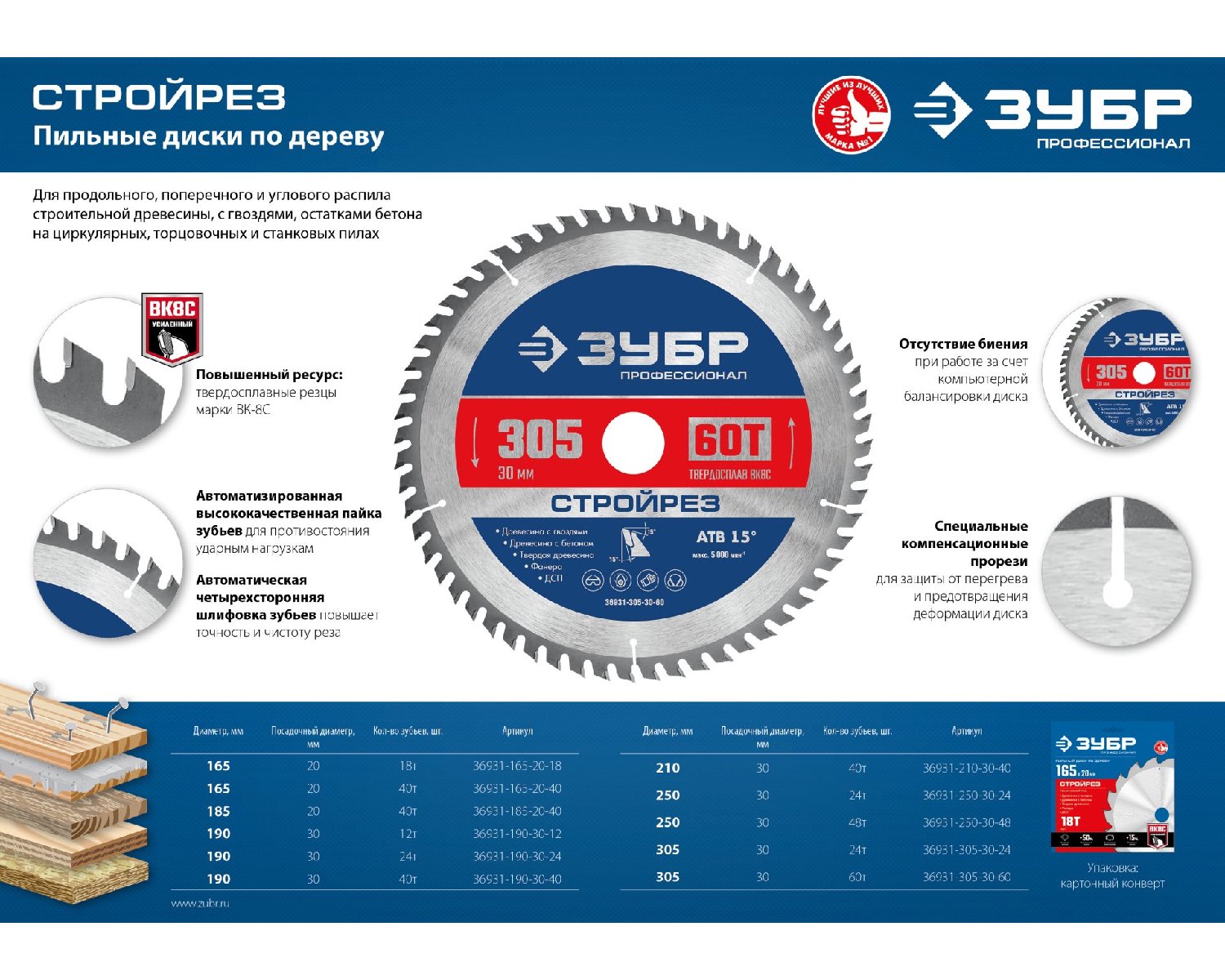 ЗУБР Стройрез 305х30мм 60Т, диск пильный по строительной древесине, , серия Профессионал (36931-305-30-60)