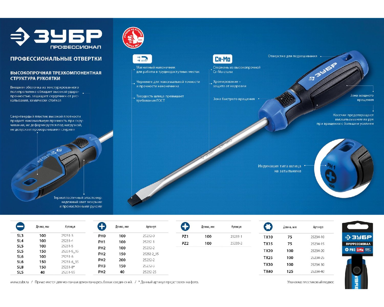 Отвертка ЗУБР Профессионал PH1x100 мм (25232-1_z01)