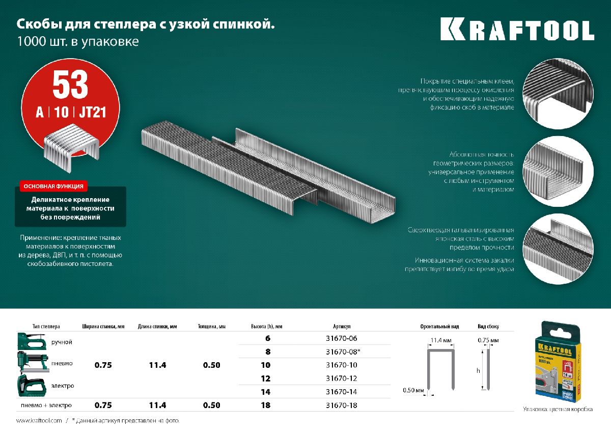 Скобы для степлера KRAFTOOL узкие тип 53 12 мм 1000 шт. (31670-12)