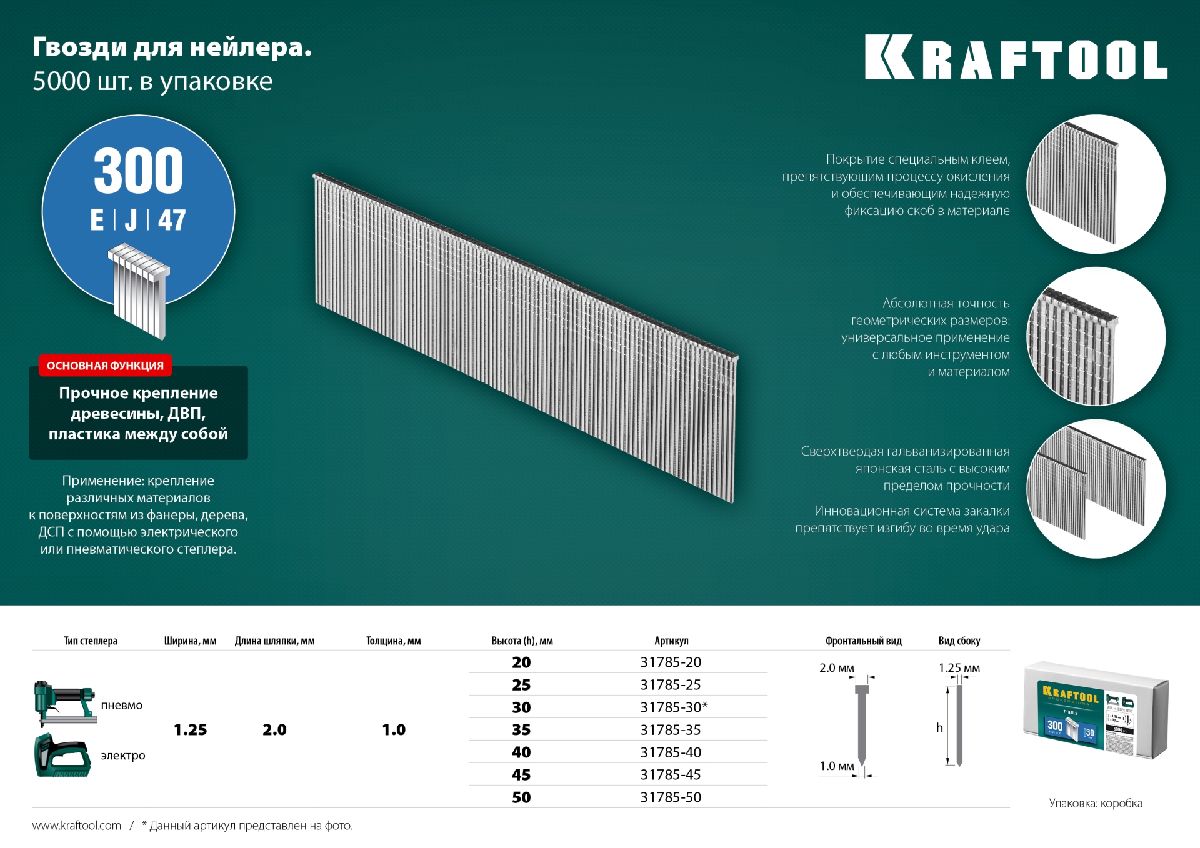 Гвозди для нейлера KRAFTOOL тип 300 20 мм 5000 шт. (31785-20)