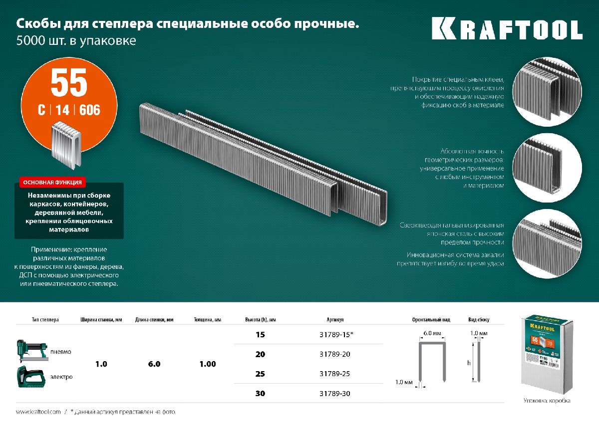 Скобы для степлера KRAFTOOL узкие 15 мм тип 55 5000 шт. (31789-15)