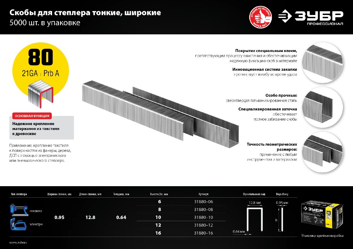 Тонкие широкие скобы для степлера ЗУБР тип 80 6 мм 5000 шт. (31880-06)