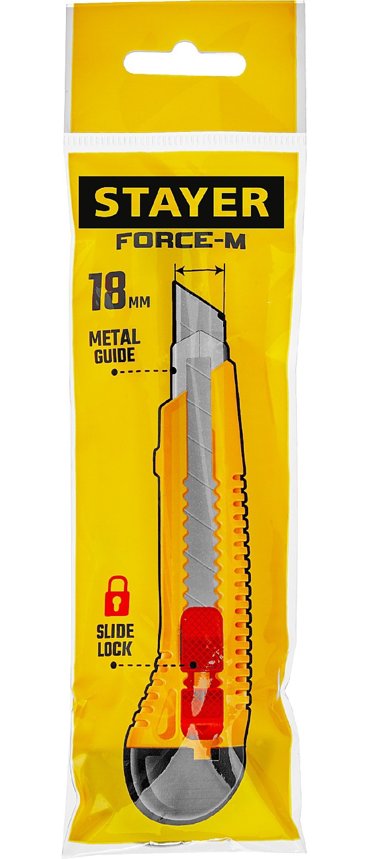 Нож упрочненный с метал. направляющей и сдвижным фиксатором FORCE-M, сегмент. лезвия 18 мм, STAYER (0913_z01)