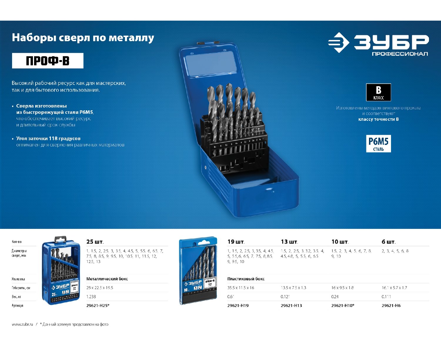 ЗУБР ПРОФ-В 25шт(1-13мм), Набор сверл по металлу, сталь Р6М5, класс В, мет.бокс, , Серия Профессионал (29621-H25)