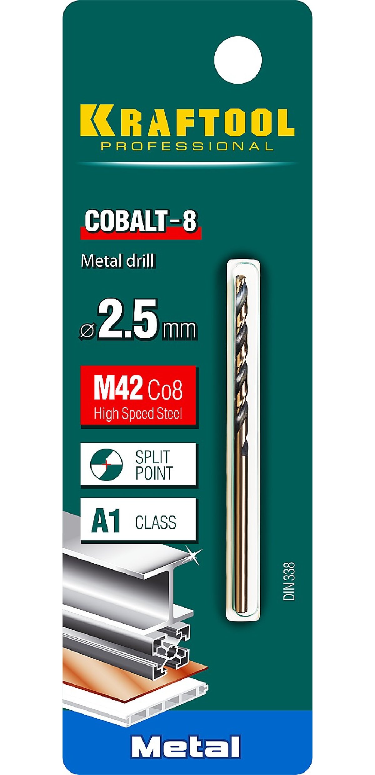 KRAFTOOL COBALT 2.5 х57мм, Сверло по металлу HSS-Co(8проц.), сталь М42(S2-10-1-8), (29656-2.5)