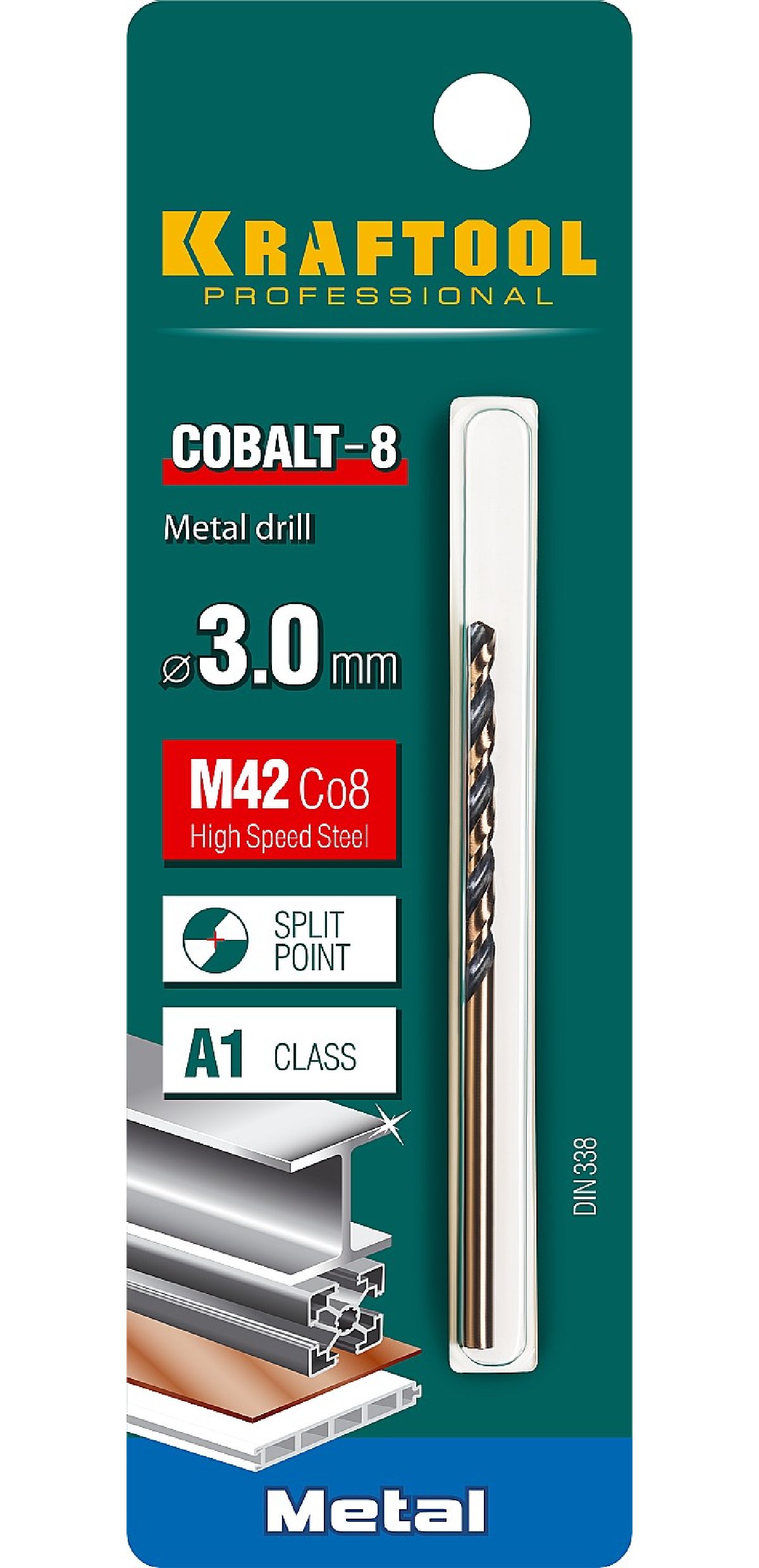 KRAFTOOL COBALT 3.0 х61мм, Сверло по металлу HSS-Co(8проц.), сталь М42(S2-10-1-8), (29656-3)