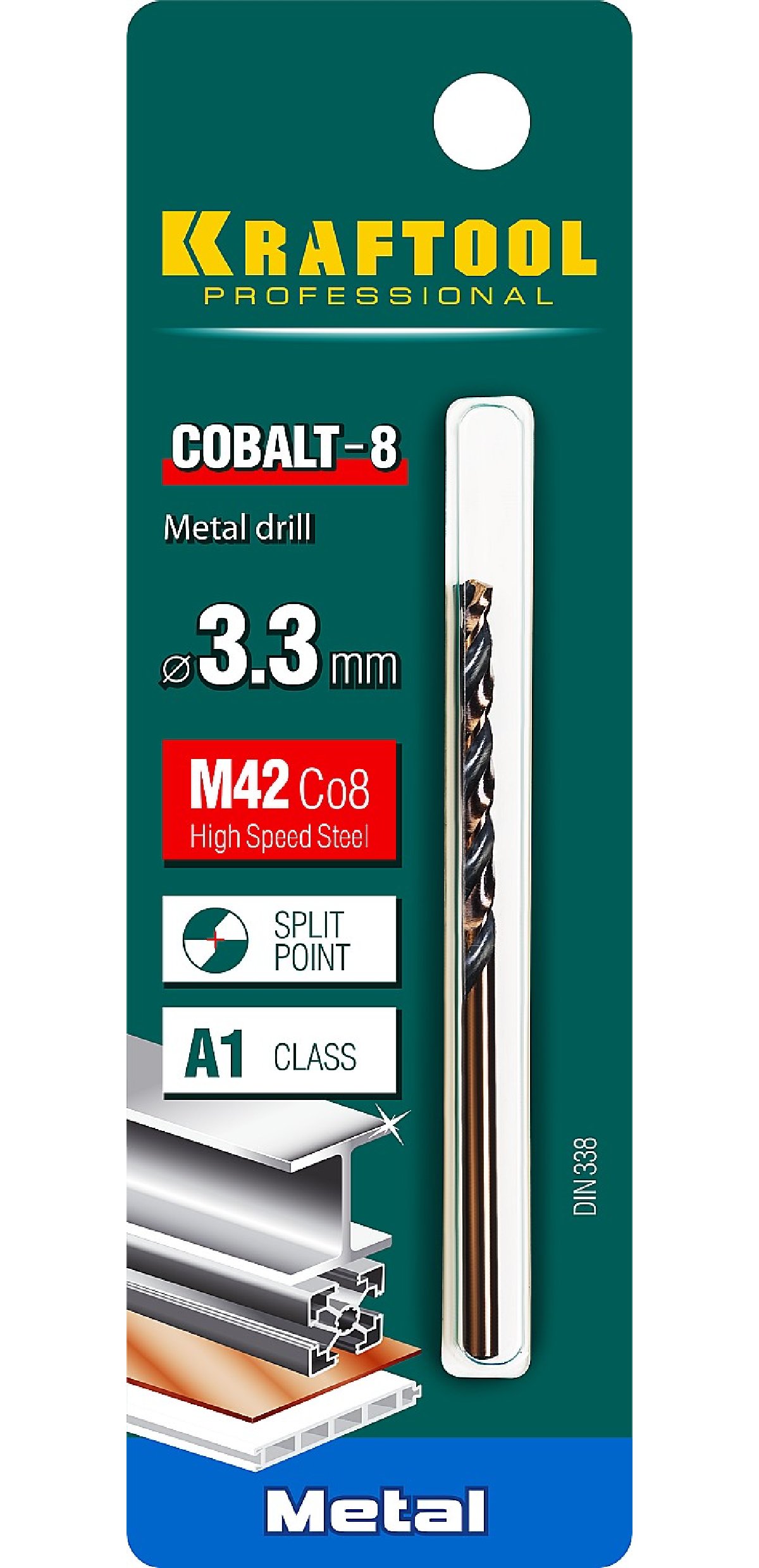 KRAFTOOL COBALT 3.3 х65мм, Сверло по металлу HSS-Co(8проц.), сталь М42(S2-10-1-8), (29656-3.3)