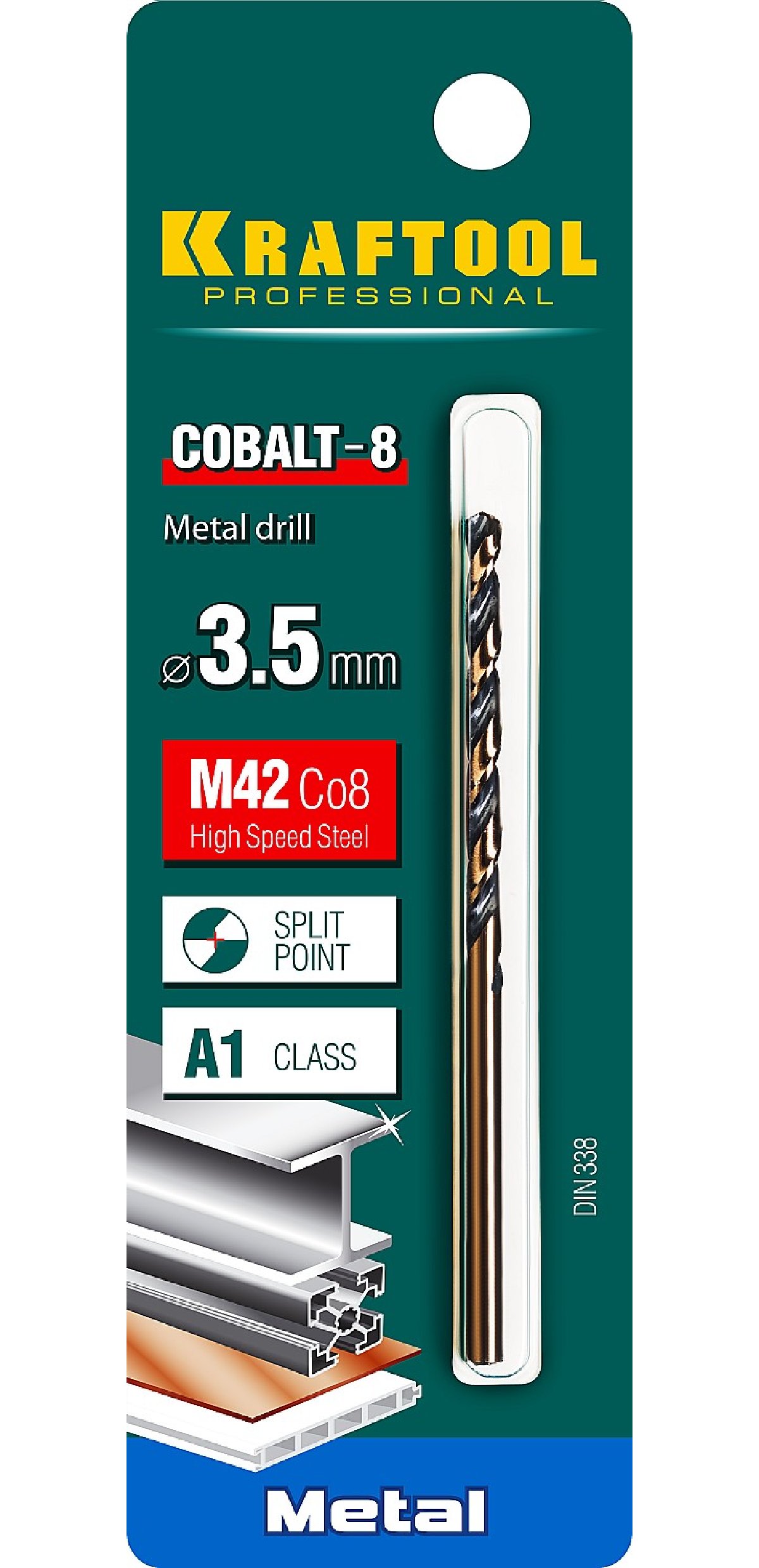 KRAFTOOL COBALT 3.5 х70мм, Сверло по металлу HSS-Co(8проц.), сталь М42(S2-10-1-8), (29656-3.5)