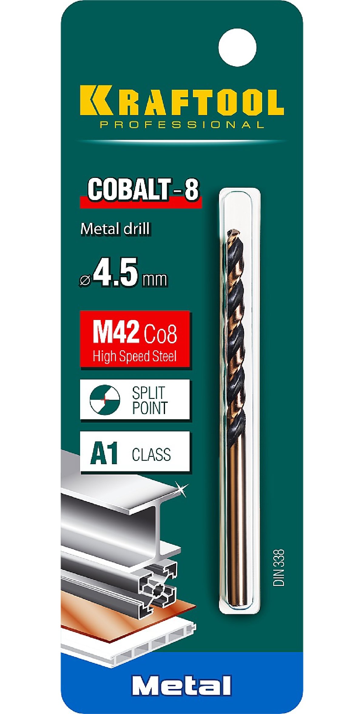 KRAFTOOL COBALT 4.5 х80мм, Сверло по металлу HSS-Co(8проц.), сталь М42(S2-10-1-8), (29656-4.5)