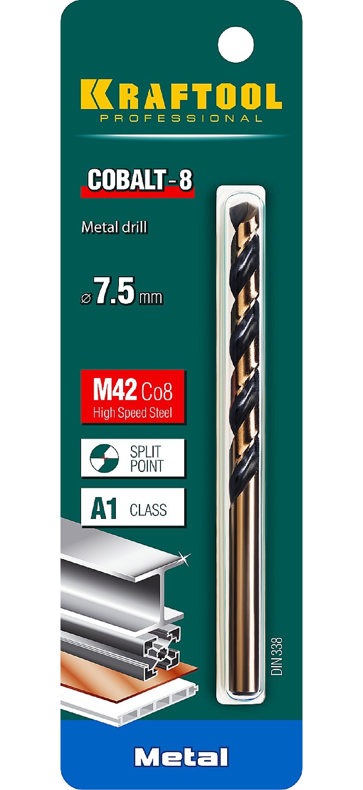 KRAFTOOL COBALT 7.5 х109мм, Сверло по металлу HSS-Co(8проц.) , сталь М42(S2-10-1-8), (29656-7.5)