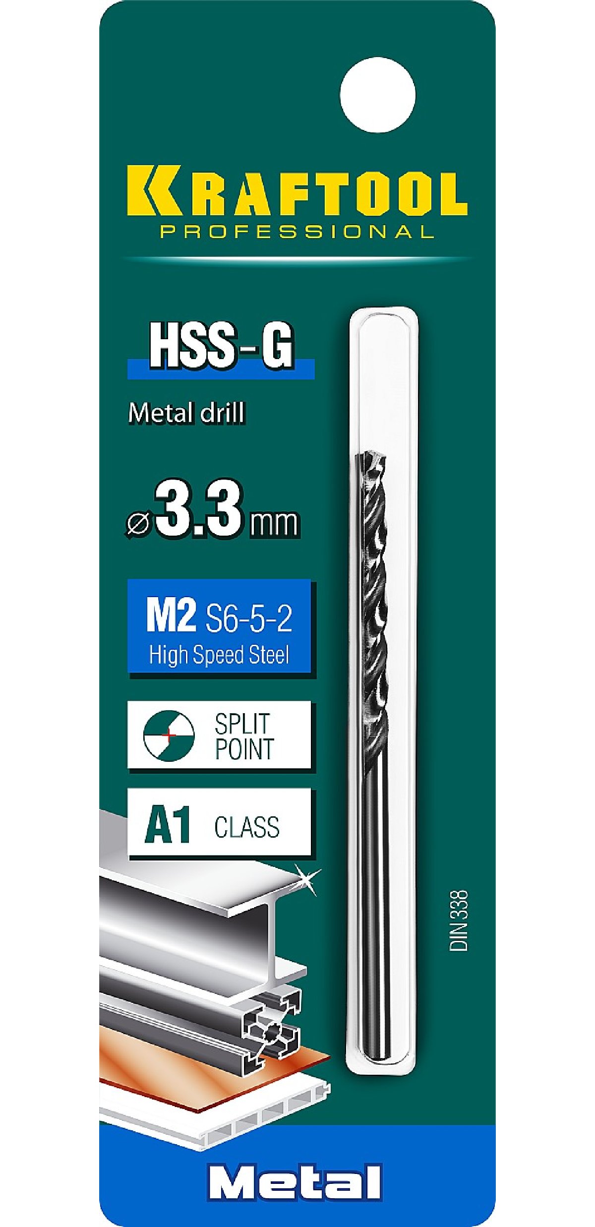 KRAFTOOL HSS-G 3.3 х65мм, Сверло по металлу HSS-G, сталь М2(S6-5-2), (29651-3.3)