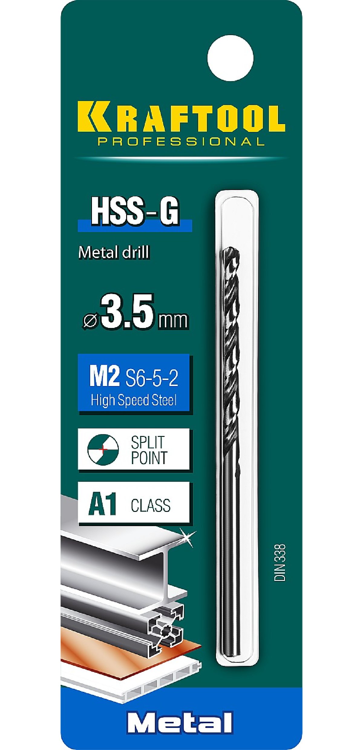 KRAFTOOL HSS-G 3.5 х70мм, Сверло по металлу HSS-G, сталь М2(S6-5-2), (29651-3.5)