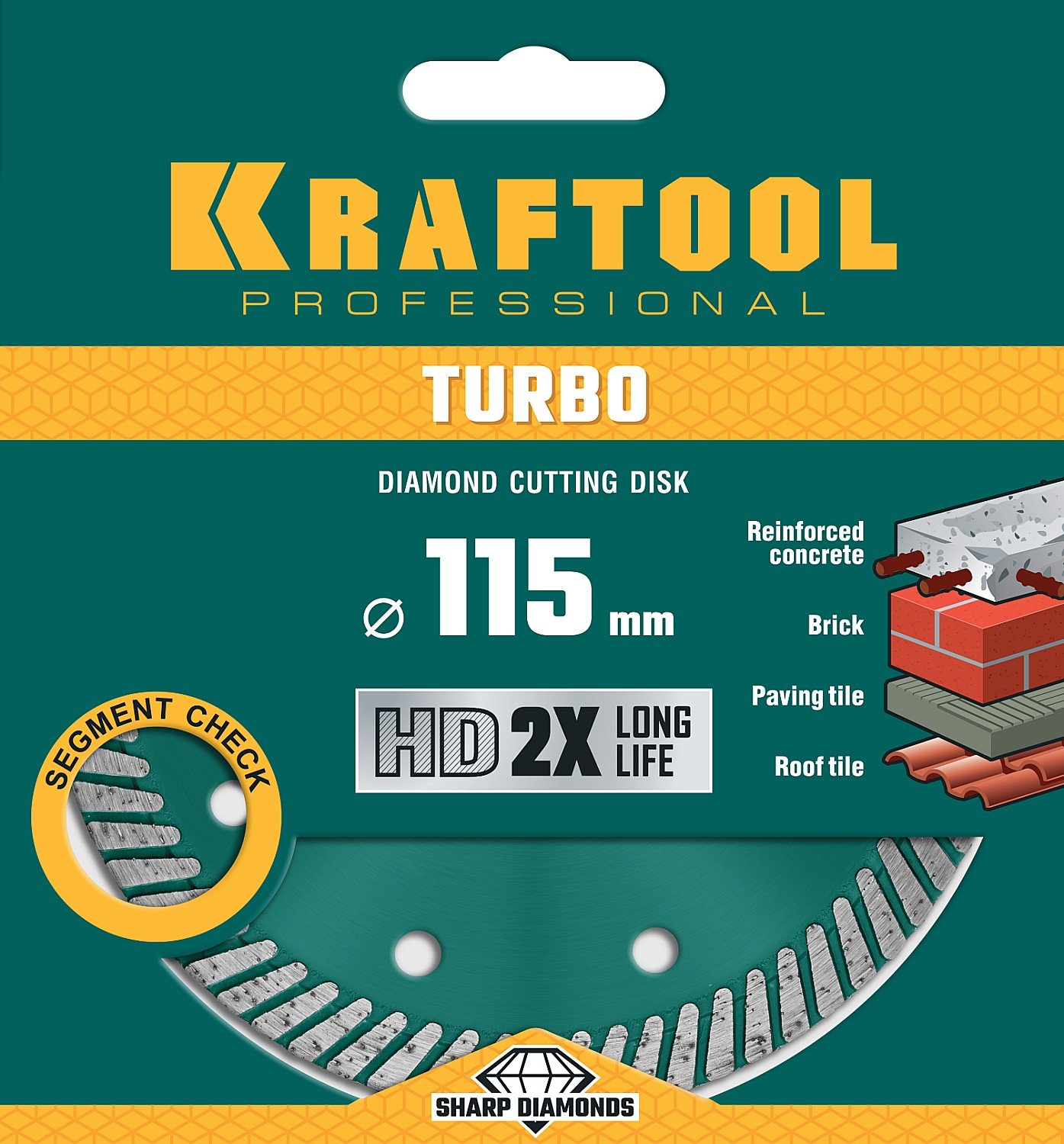 KRAFTOOL TURBO 115мм, диск алмазный отрезной сегментир по армир бетону, кирпичу, тротуар плитке, граниту, черепице (115х22.2 мм, 10х2.2 мм), (36682-115)