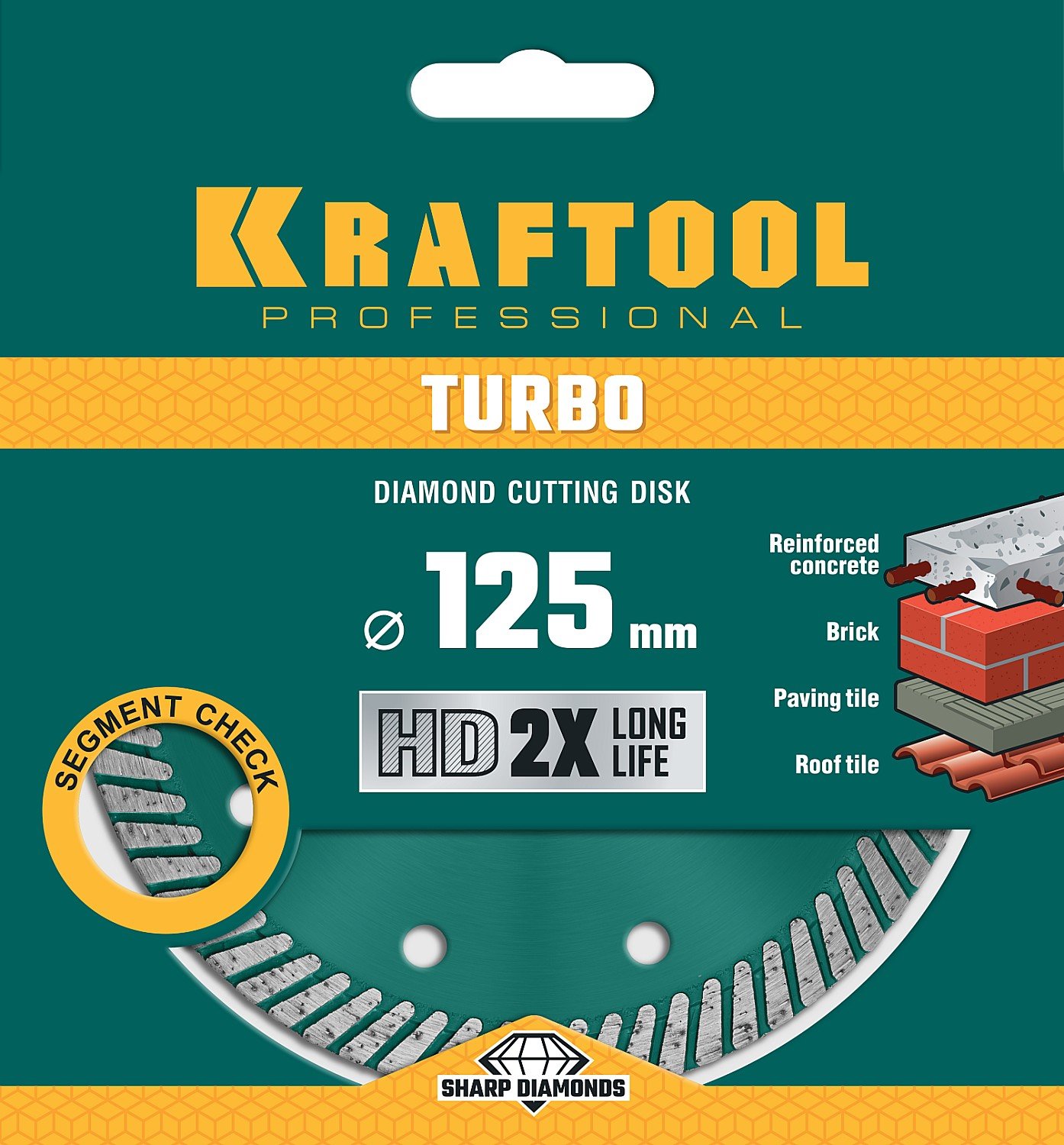 KRAFTOOL TURBO 125мм, диск алмазный отрезной сегментир по армир бетону, кирпичу, тротуар плитке, граниту, черепице (125х22.2 мм, 10х2.4 мм), (36682-125)