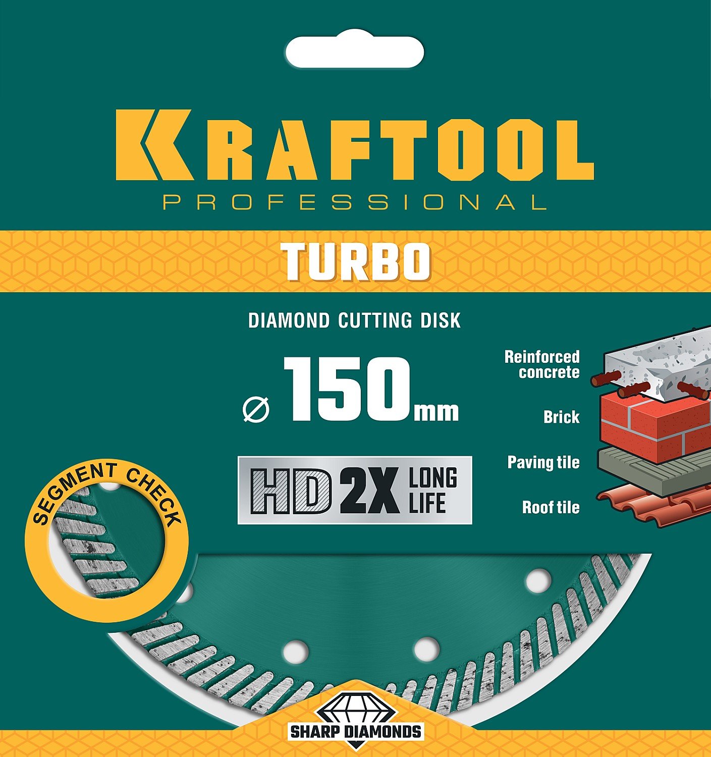 KRAFTOOL TURBO 150мм, диск алмазный отрезной сегментир по армир бетону, кирпичу, тротуар плитке, граниту, черепице (150х22.2 мм, 10х2.4 мм), (36682-150)