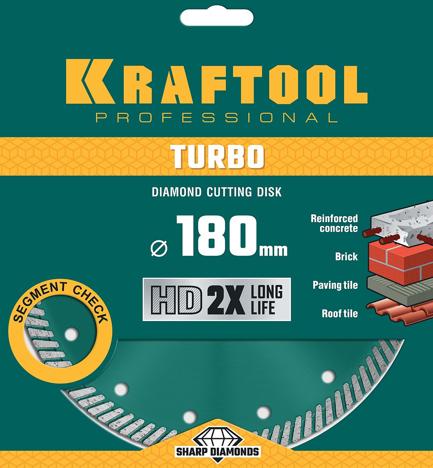 KRAFTOOL TURBO 180мм, диск алмазный отрезной сегментир по армир бетону, кирпичу, тротуар плитке, граниту, черепице (180х22.2 мм, 10х2.6 мм), (36682-180)