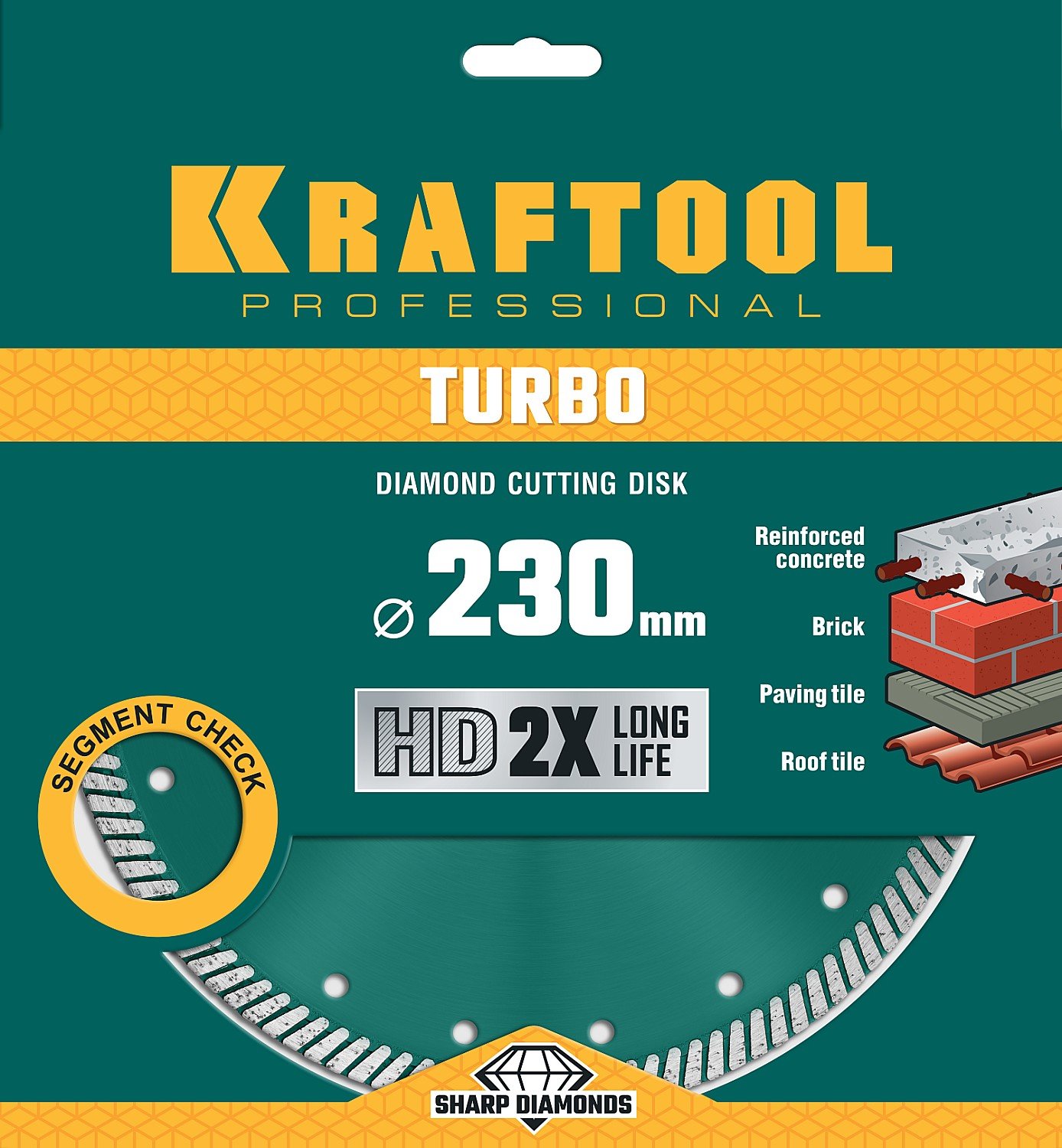 KRAFTOOL TURBO 230мм, диск алмазный отрезной сегментир по армир бетону, кирпичу, тротуар плитке, граниту, черепице (230х22.2 мм, 10х2.8 мм), (36682-230)