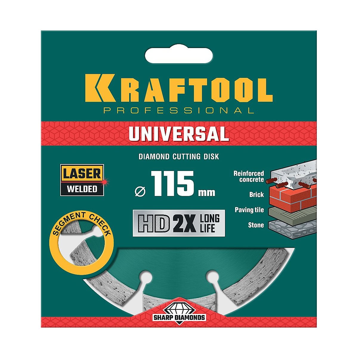 KRAFTOOL UNIVERSAL 115 мм, диск алмазный отрезной сегментный по железобетону, высокопрочному бетону, кирпичу, камню (115х22.2мм, 10х2.2мм), (36680-115)