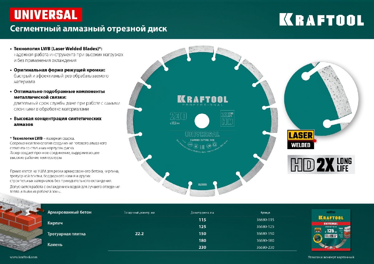 KRAFTOOL UNIVERSAL 115 мм, диск алмазный отрезной сегментный по железобетону, высокопрочному бетону, кирпичу, камню (115х22.2мм, 10х2.2мм), (36680-115)