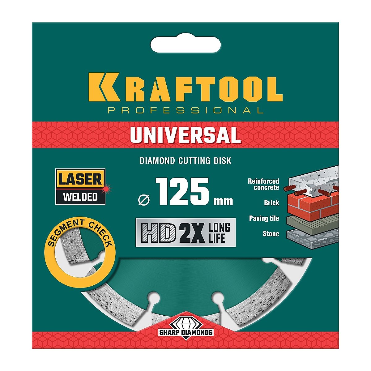 KRAFTOOL UNIVERSAL 125 мм, диск алмазный отрезной сегментный по железобетону, высокопрочному бетону, кирпичу, камню (125х22.2мм, 10х2.4мм), (36680-125)