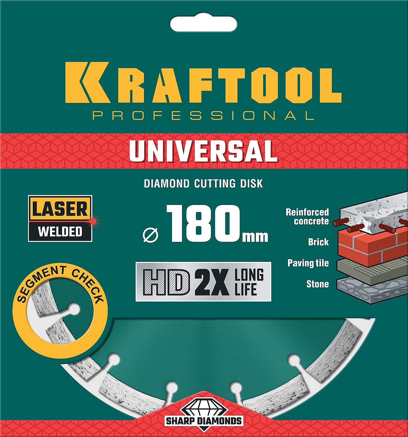 KRAFTOOL UNIVERSAL 180 мм, диск алмазный отрезной сегментный по железобетону, высокопрочному бетону, кирпичу, камню (180х22.2мм, 10х2.6мм), (36680-180)