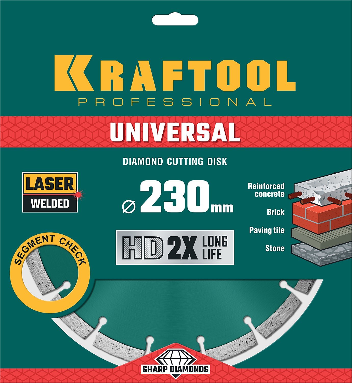 KRAFTOOL UNIVERSAL 230 мм, диск алмазный отрезной сегментный по железобетону, высокопрочному бетону, кирпичу, камню (230х22.2мм, 10х2.8мм), (36680-230)