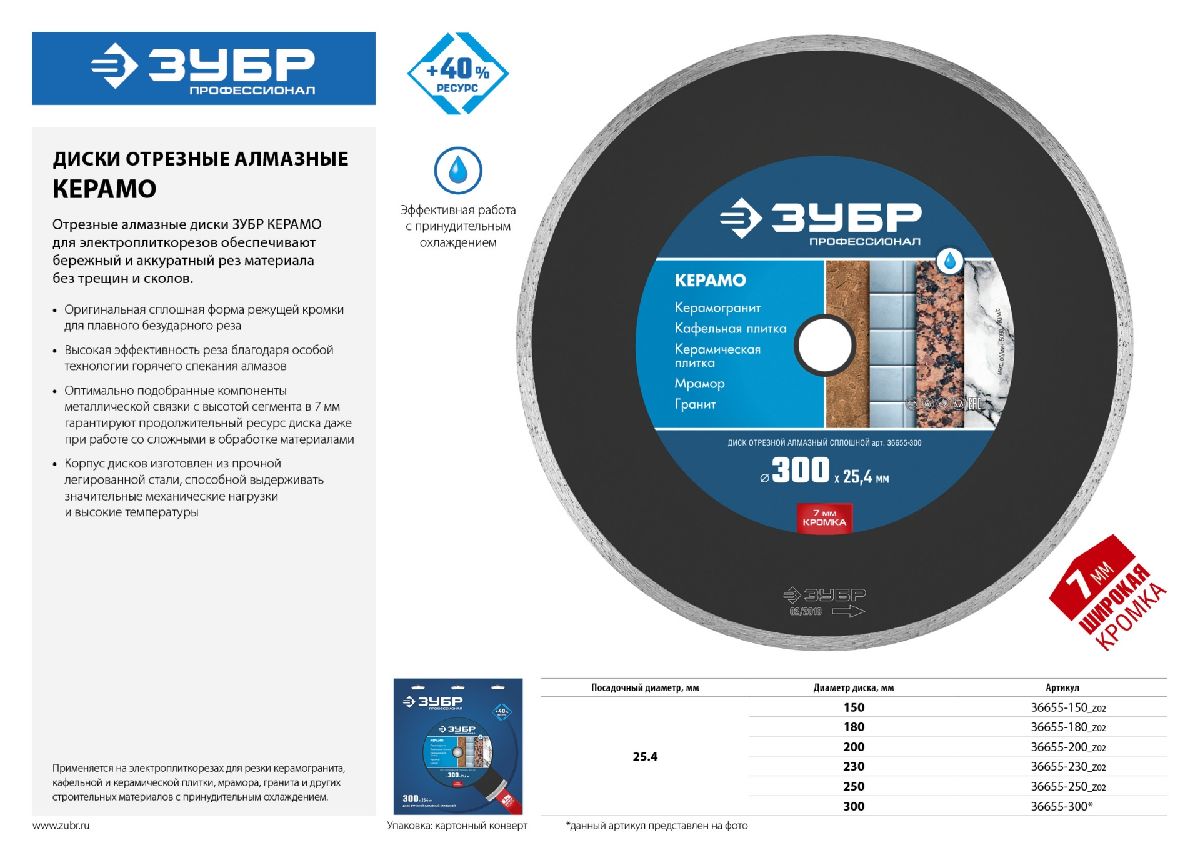 ЗУБР КЕРАМО-25 250 мм, диск алмазный отрезной сплошной, керамогранит, плитка, мрамор, гранит (250х25.4 мм, 7х2.6 мм), , серия Профессионал (36655-250_z02)