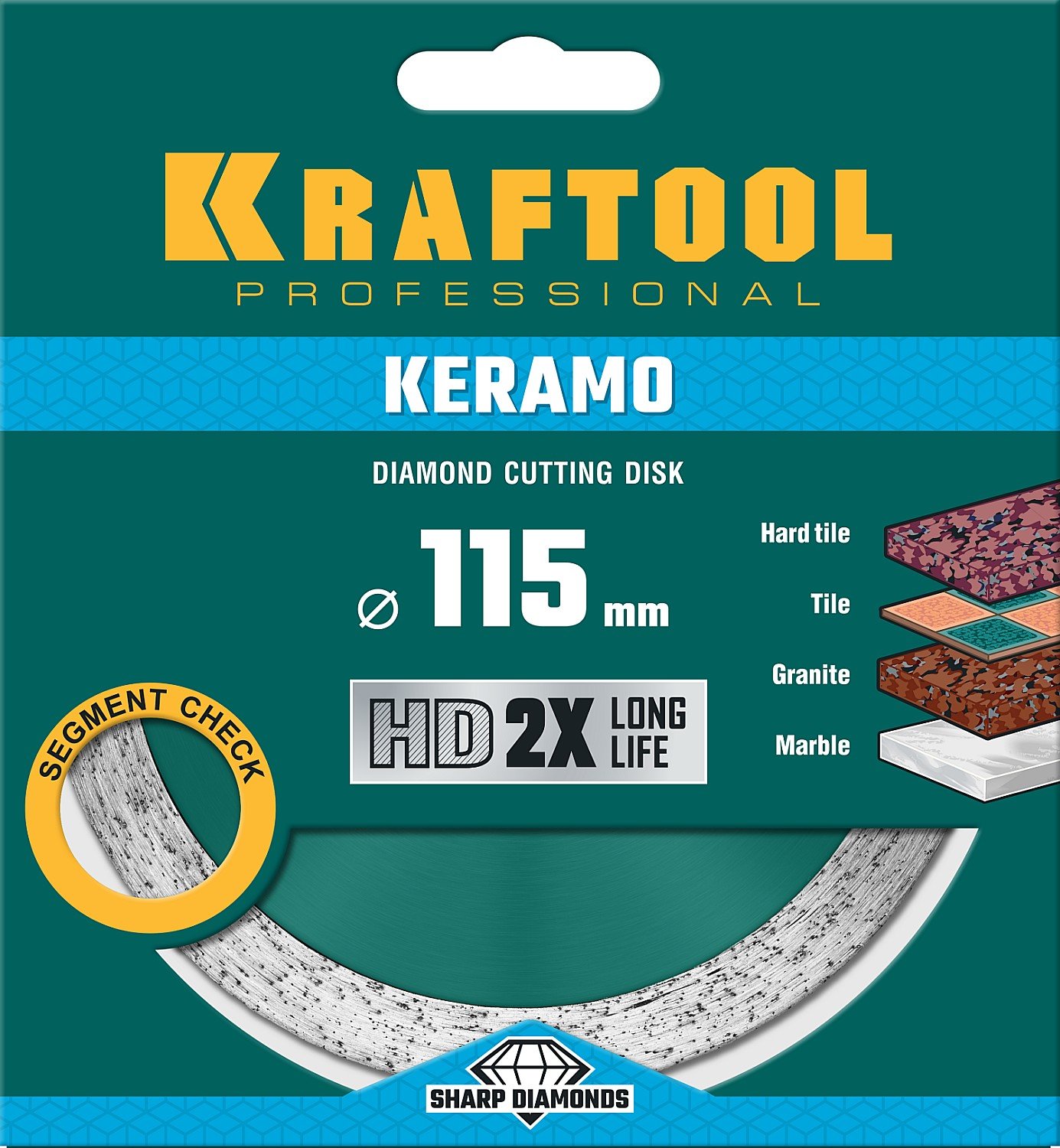 KRAFTOOL KERAMO 115 мм, диск алмазный отрезной сплошной по керамограниту, керамической плитке, граниту, мрамору (115х22.2 мм, 10х2.2 мм), (36684-115)